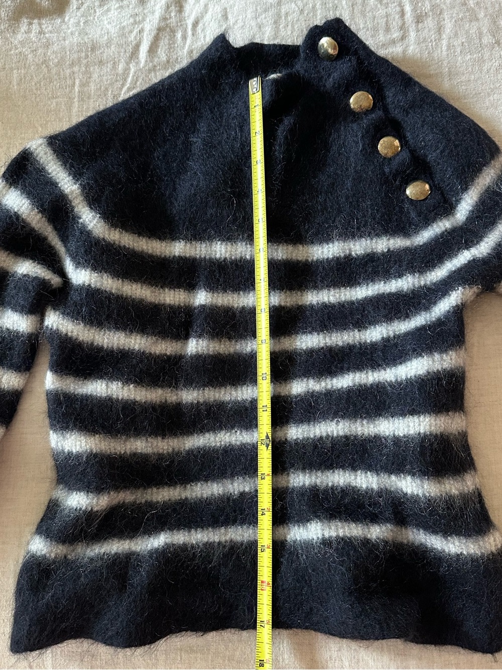 Sezane Black and White Striped Button-Neck Turtleneck Sweater - Picture 2 of 8